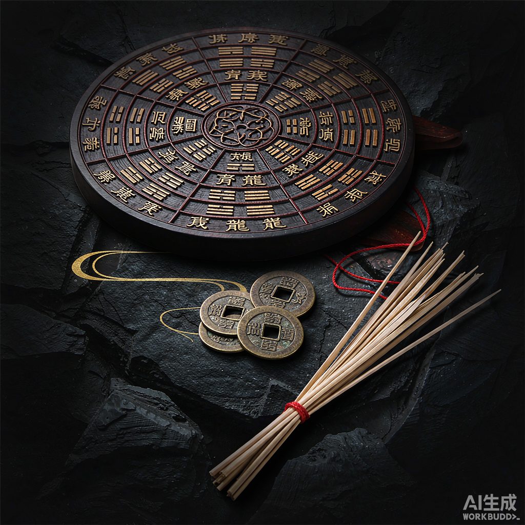 Bronze divination coins and a carved Bagua plate on dark slate
