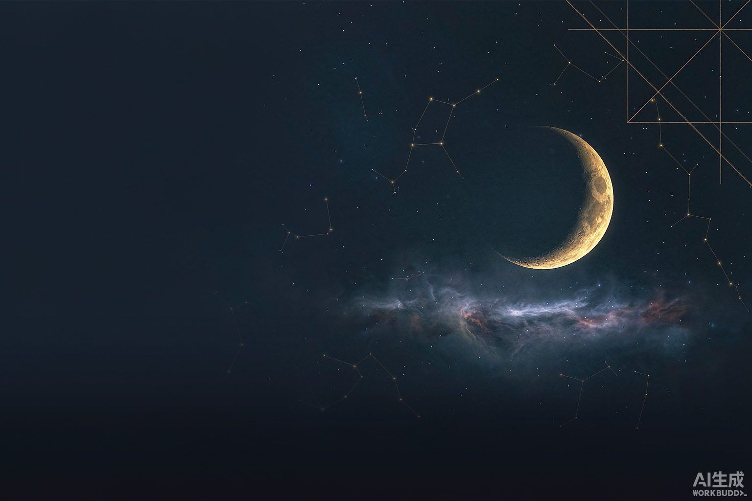 Golden constellation map over a midnight sky