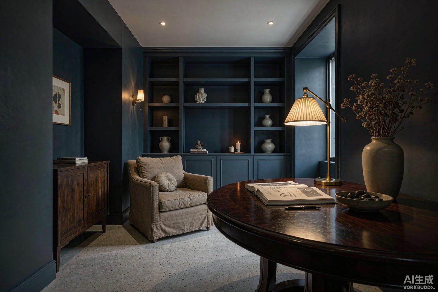 A calm consultation room with a round table and warm lamp light