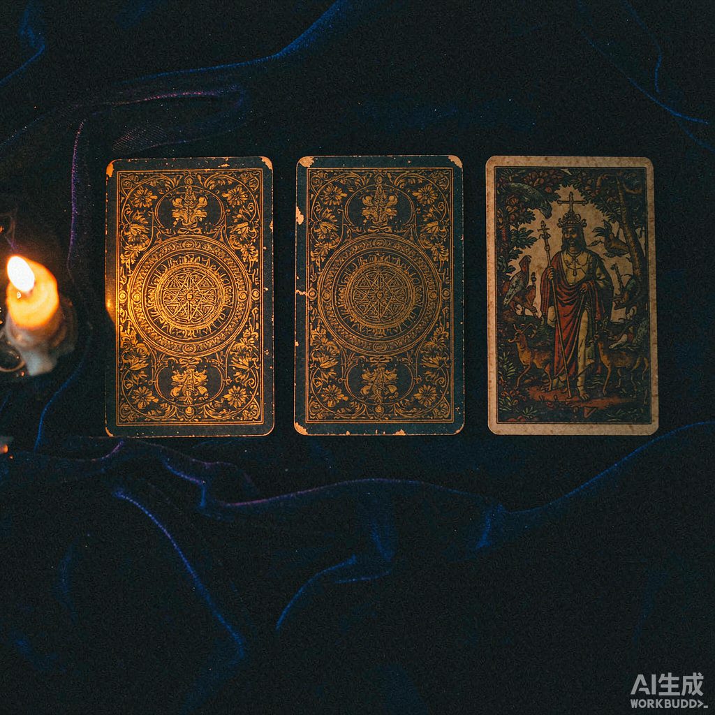 Antique tarot cards with gold foil lying on deep blue velvet